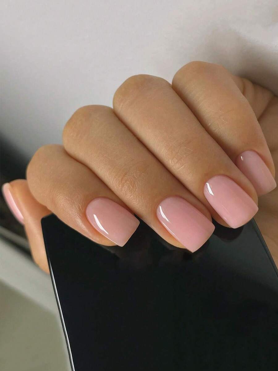 24pcs Short Square Sheer Pink Solid Fake Nail & 1sheet Tape & 1pc Nail File Press On Nails Nail Supplies - Pink - View 1