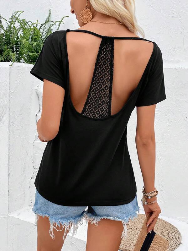 Contrast Lace Cut Out Back Tee SHEIN USA