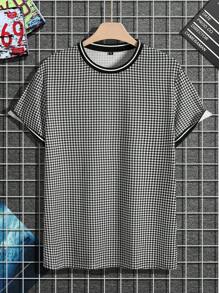 Manfinity Homme Men T-Shirts Fit Crew Neck Short Sleeve Graphic Tee Houndstooth Korean Fashion Casual Summer Polyester - Black and White - View 3