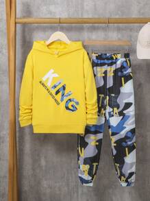 SHEIN Leap Crew Tween Boys' Leisure Sports Hooded Sweatshirt And Camouflage Printed Sports Pants With Large Letter Pattern - Multicolor - View 1