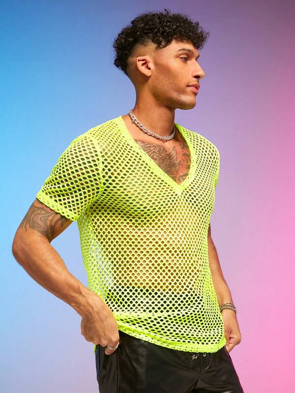 FeverCity Men T-Shirts V Neck Short Sleeve Sexy Fashion Men Summer Fishnet Top Tee, Rave