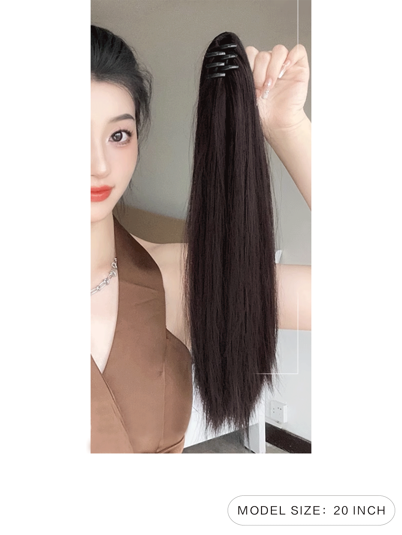 1pc Straight Brown 20-medium Synthetic Ponytail Extensions With Claw - Brown - View 2