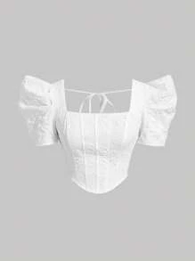SHEIN MOD Square Neck Puff Sleeve Crop Blouse - White - View 2