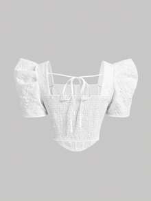 SHEIN MOD Square Neck Puff Sleeve Crop Blouse - White - View 10