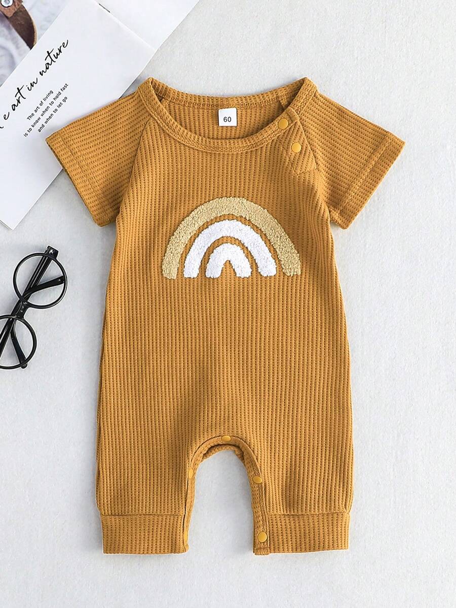 嬰兒彩虹樣式華夫格編織插肩袖T恤連體褲 - 棕色 - 查看 1