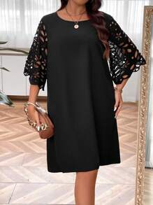 EMERY ROSE Plus Contrast Guipure Lace Sleeve Dress - Black - View 7