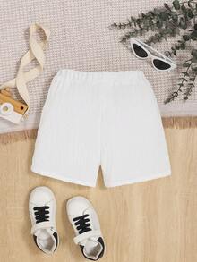 SHEIN 男童休閒舒服時尚簡約風實際有皺紋質感紋理格紋短褲