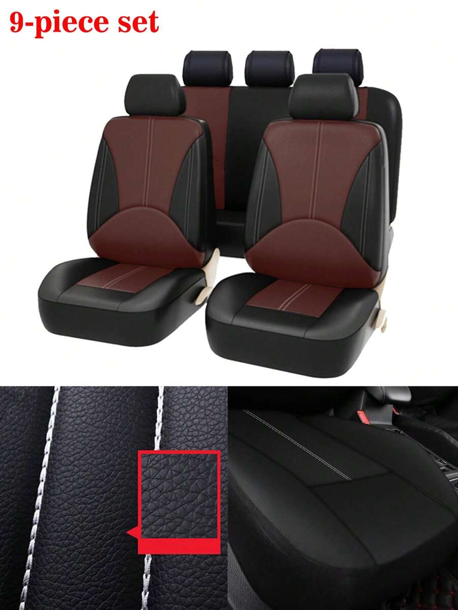 9pcs/set Universal 5-seater Car Seat Covers Pu Patchwork - Coffee Brown - View 1