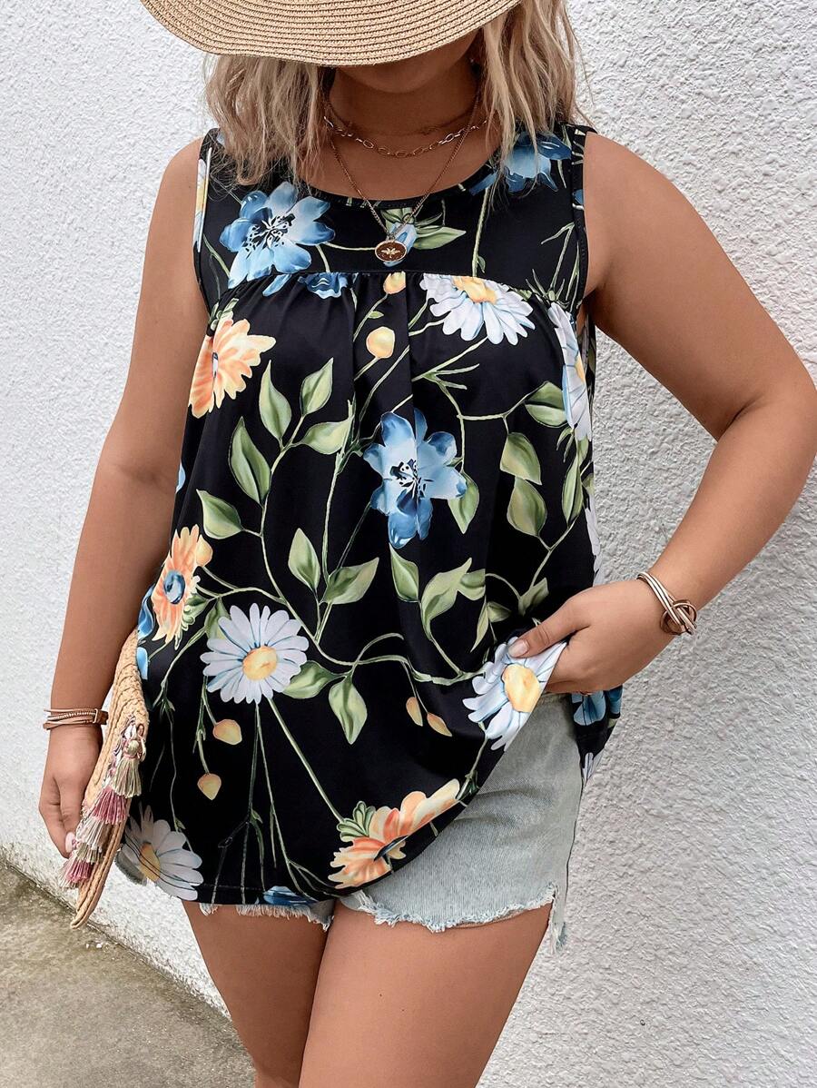 SHEIN LUNE Áo hai dây Plus Size Hoa Tất cả trên in Boho - màu đen - Xem 1