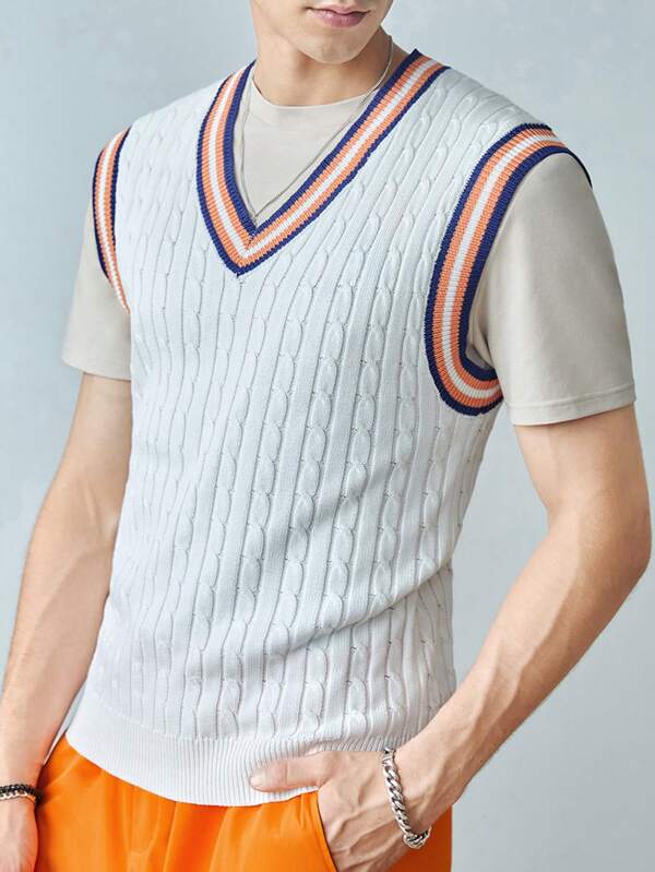 Manfinity Sporsity Men Striped Trim Cable Knit Sweater Vest Without Tee