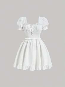 SHEIN MOD Square Neck Puff Sleeve Ruched Bust Ruffle Hem Dress - White - View 1