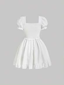 SHEIN MOD Square Neck Puff Sleeve Ruched Bust Ruffle Hem Dress - White - View 2