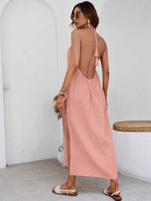 SHEIN VCAY Solid Split Thigh Halter Backless Dress - Baby Pink - View 2