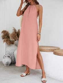 SHEIN VCAY Solid Split Thigh Halter Backless Dress - Baby Pink - View 4