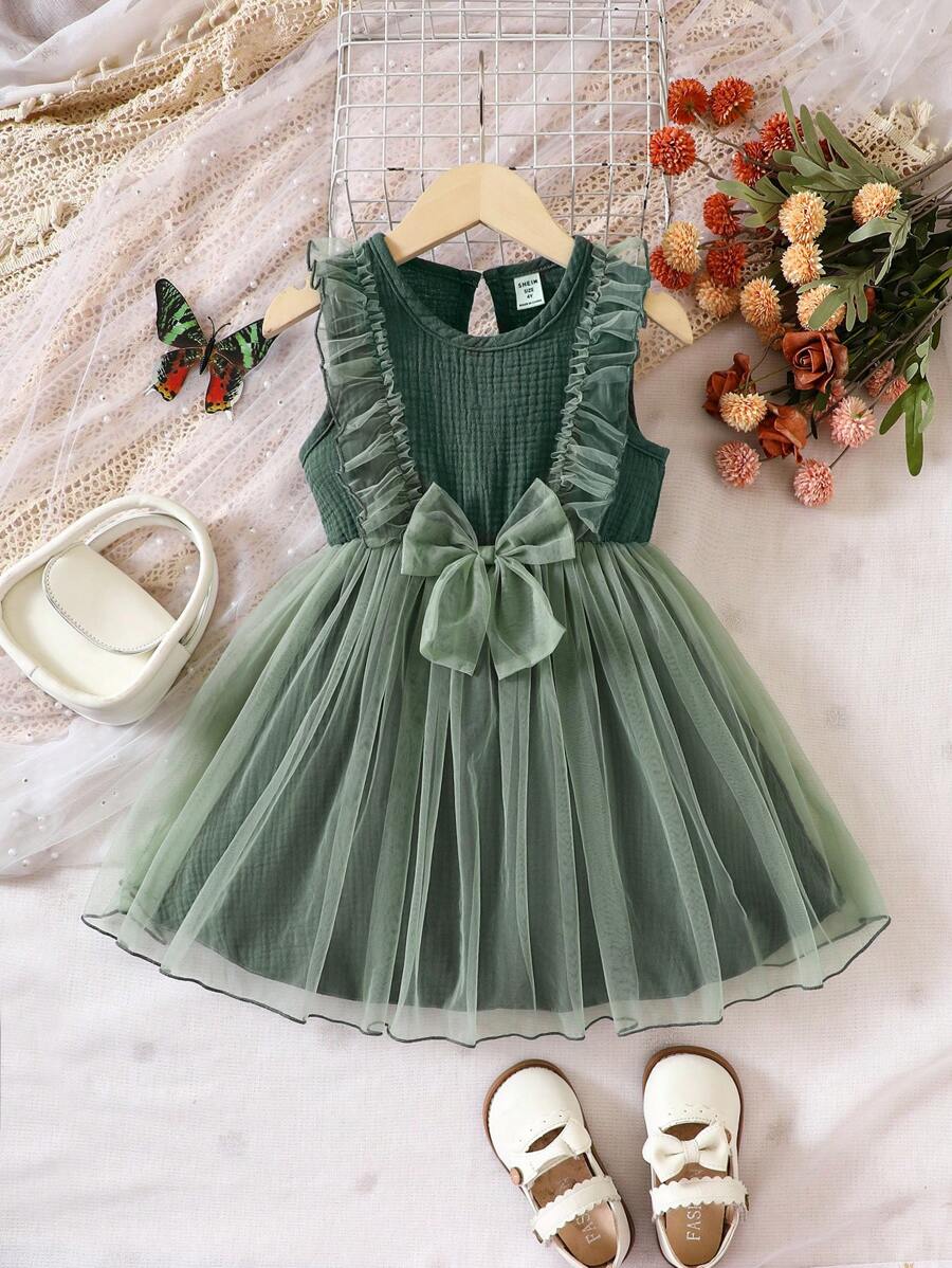 SHEIN Young Girl Ruffle Trim Bow Front Mesh Overlay Dress - Dark Green - View 1
