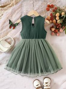 SHEIN Young Girl Ruffle Trim Bow Front Mesh Overlay Dress - Dark Green - View 2