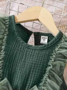 SHEIN Young Girl Ruffle Trim Bow Front Mesh Overlay Dress - Dark Green - View 3