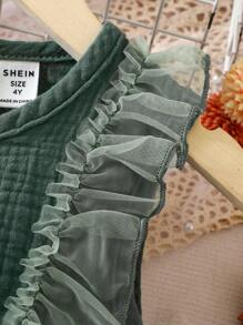 SHEIN Young Girl Ruffle Trim Bow Front Mesh Overlay Dress - Dark Green - View 5