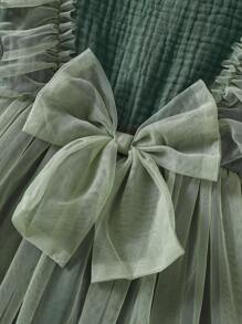 SHEIN Young Girl Ruffle Trim Bow Front Mesh Overlay Dress - Dark Green - View 7