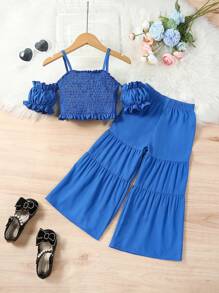 Bộ thời trang bé gái viền lá sen Viên lá sen Dải chun màu trơn Boho - Màu xanh lam - Xem 1