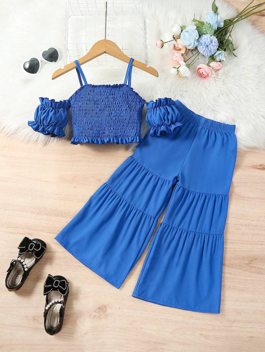 Bộ thời trang bé gái viền lá sen Viên lá sen Dải chun màu trơn Boho - Màu xanh lam - Xem 1