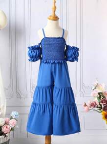 Bộ thời trang bé gái viền lá sen Viên lá sen Dải chun màu trơn Boho - Màu xanh lam - Xem 3