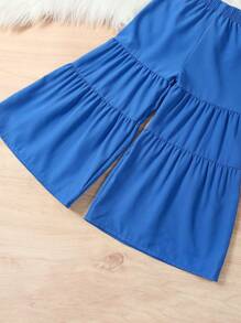 Bộ thời trang bé gái viền lá sen Viên lá sen Dải chun màu trơn Boho - Màu xanh lam - Xem 5