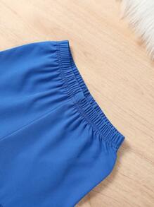 Bộ thời trang bé gái viền lá sen Viên lá sen Dải chun màu trơn Boho - Màu xanh lam - Xem 6