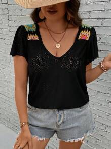 SHEIN Holidaya Plus Contrast Crochet Panel Butterfly Sleeve Blouse - Black - View 1