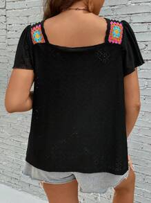 SHEIN Holidaya Plus Contrast Crochet Panel Butterfly Sleeve Blouse - Black - View 2