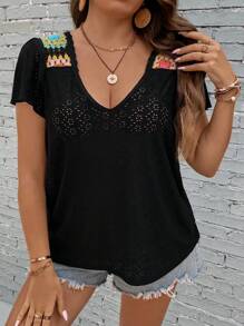 SHEIN Holidaya Plus Contrast Crochet Panel Butterfly Sleeve Blouse - Black - View 4