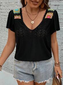 SHEIN Holidaya Plus Contrast Crochet Panel Butterfly Sleeve Blouse - Black - View 5