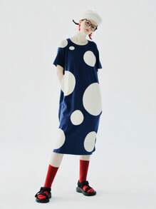 Polka Dot Print Raglan Sleeve Tee Dress - Blue and White - View 1