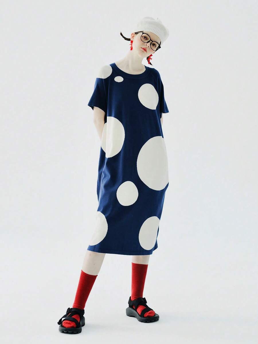 Polka Dot Print Raglan Sleeve Tee Dress - Blue and White - View 1