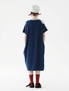 Polka Dot Print Raglan Sleeve Tee Dress - Blue and White - View 2