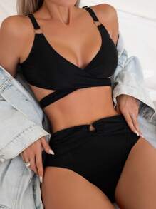 圍裹後打結比基尼泳裝 - 黑色 - 查看 1