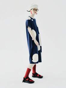 Polka Dot Print Raglan Sleeve Tee Dress - Blue and White - View 3