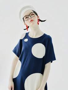 Polka Dot Print Raglan Sleeve Tee Dress - Blue and White - View 4