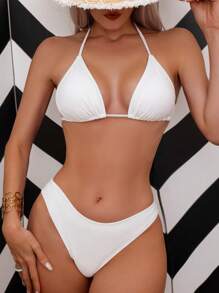 Halter Triangle Bikini Set For Summer With Beach Shorts - White - View 8