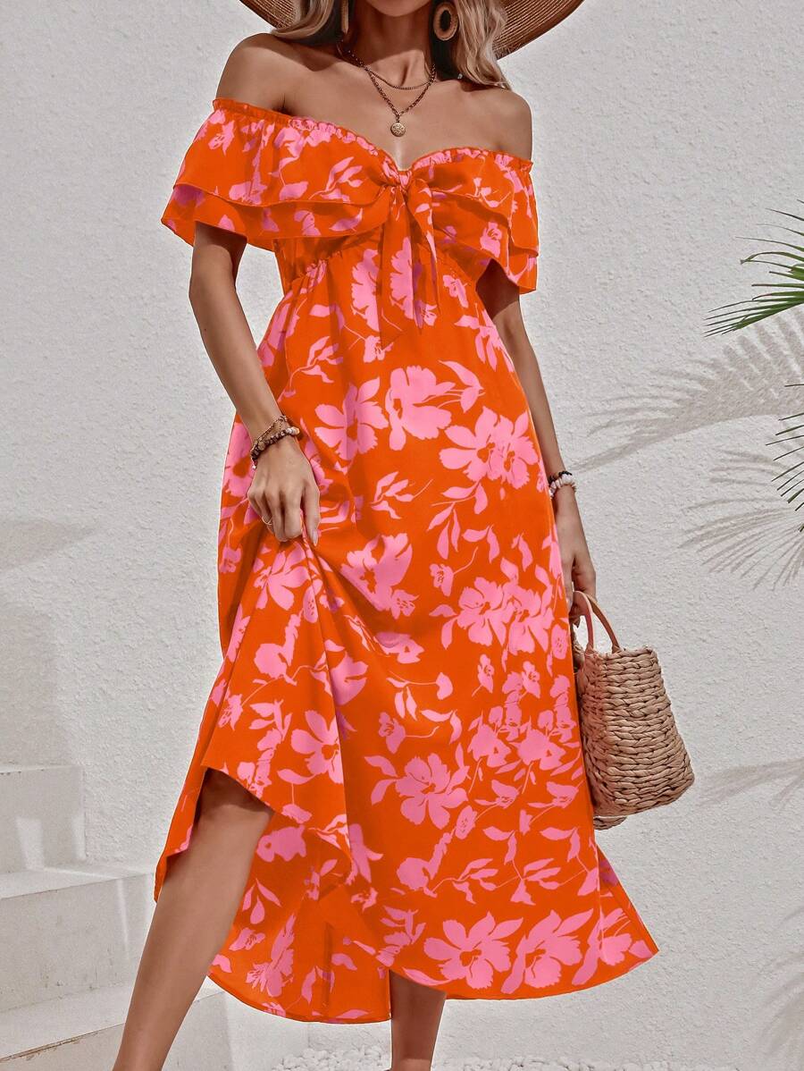 SHEIN VCAY Đầm Thắt nút Thắt nơ trước Hoa Tất cả trên in Boho - trái cam - Xem 1