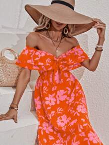 SHEIN VCAY Đầm Thắt nút Thắt nơ trước Hoa Tất cả trên in Boho - trái cam - Xem 3