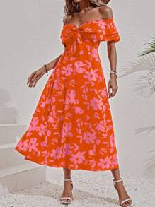 SHEIN VCAY Đầm Thắt nút Thắt nơ trước Hoa Tất cả trên in Boho - trái cam - Xem 4