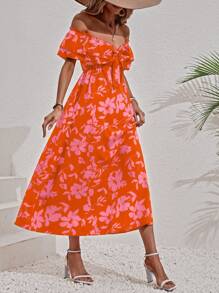 SHEIN VCAY Đầm Thắt nút Thắt nơ trước Hoa Tất cả trên in Boho - trái cam - Xem 5
