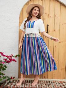 Mulvari Plus Striped Print Tassel Trim Dress - Multicolor - View 1
