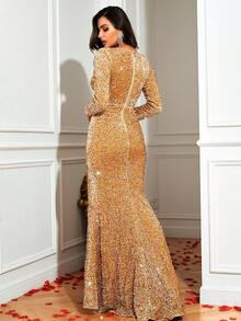 LOVE&LEMONADE Plunging Neck Split Thigh Sequin Formal Dress - Yellow - View 2