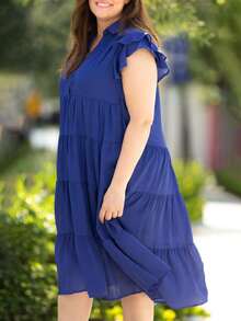 大碼素色荷葉邊娃娃裙 - 藍色 - 查看 3