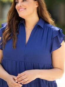 大碼素色荷葉邊娃娃裙 - 藍色 - 查看 4