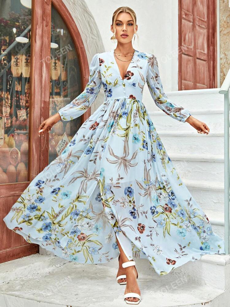 Women's V-Neck, Button & Slit Hem Detail Elegant Maxi Dress