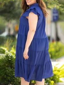 大碼素色荷葉邊娃娃裙 - 藍色 - 查看 5