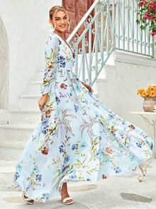 印花前紐扣連衣裙 - 藍色 - 查看 3